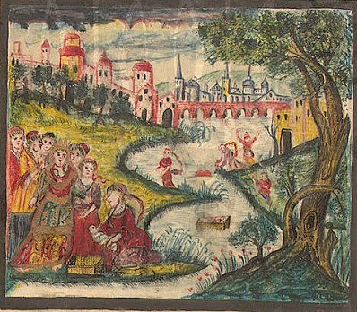 Pharaoh throws first borns into the nile Illuminated Manuscript